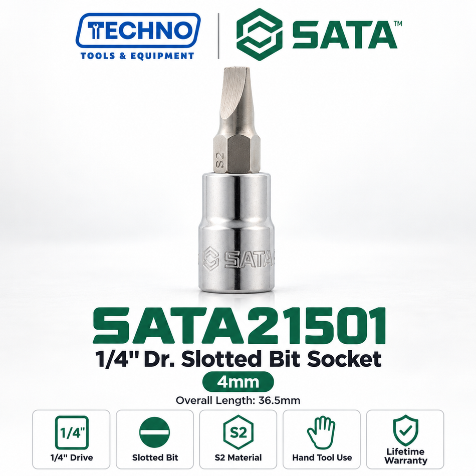 Shop SATA21501-SATA21503 1/4" Dr. slotted bit sockets, 4mm, 5.5mm and 6.5mm, 36.5mm. S2 bit, lifetime warranty. Hand use only.