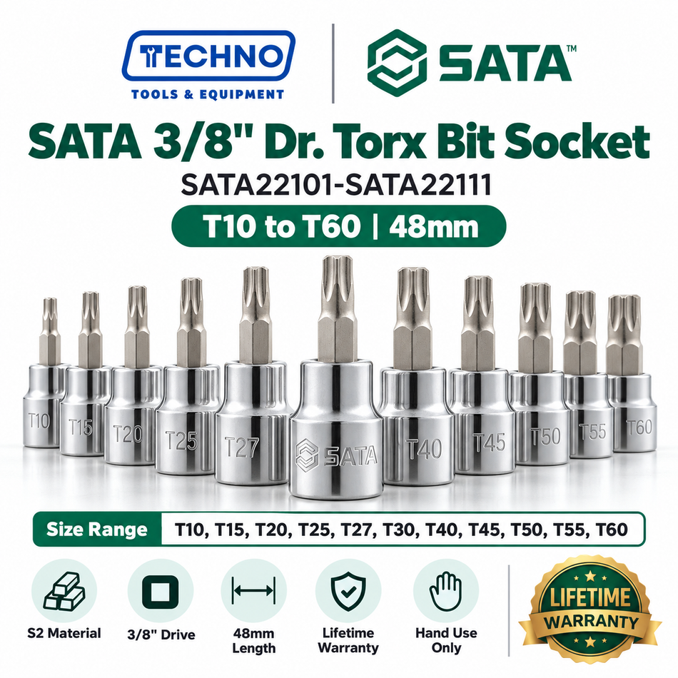 Shop SATA22101-SATA22111 3/8" Dr. Torx bit sockets, T10 to T60, 48mm. S2 bit, anti-slip, lifetime warranty. Hand use only.
