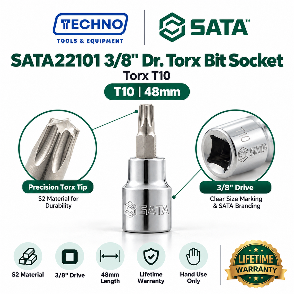 Shop SATA22101-SATA22111 3/8" Dr. Torx bit sockets, T10 to T60, 48mm. S2 bit, anti-slip, lifetime warranty. Hand use only.