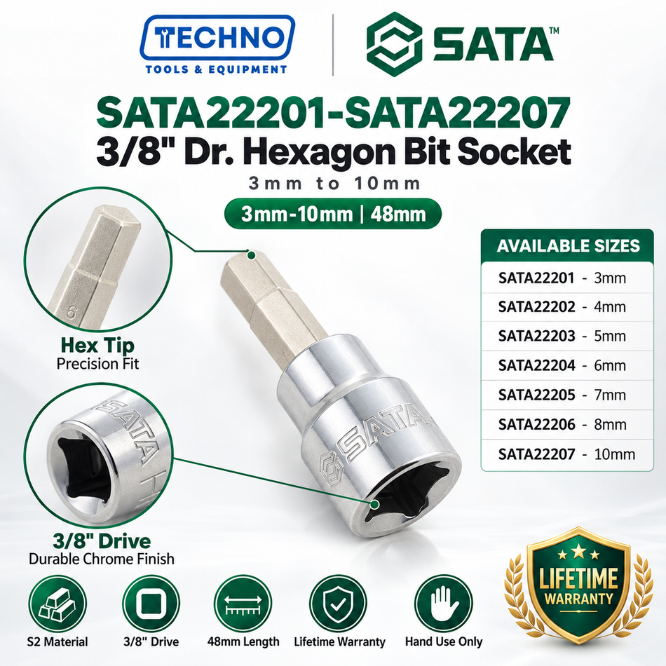 Shop SATA22201-SATA22207 3/8" Dr. hexagon bit sockets, 3mm to 10mm, 48mm. S2 bit, lifetime warranty. Hand use only.