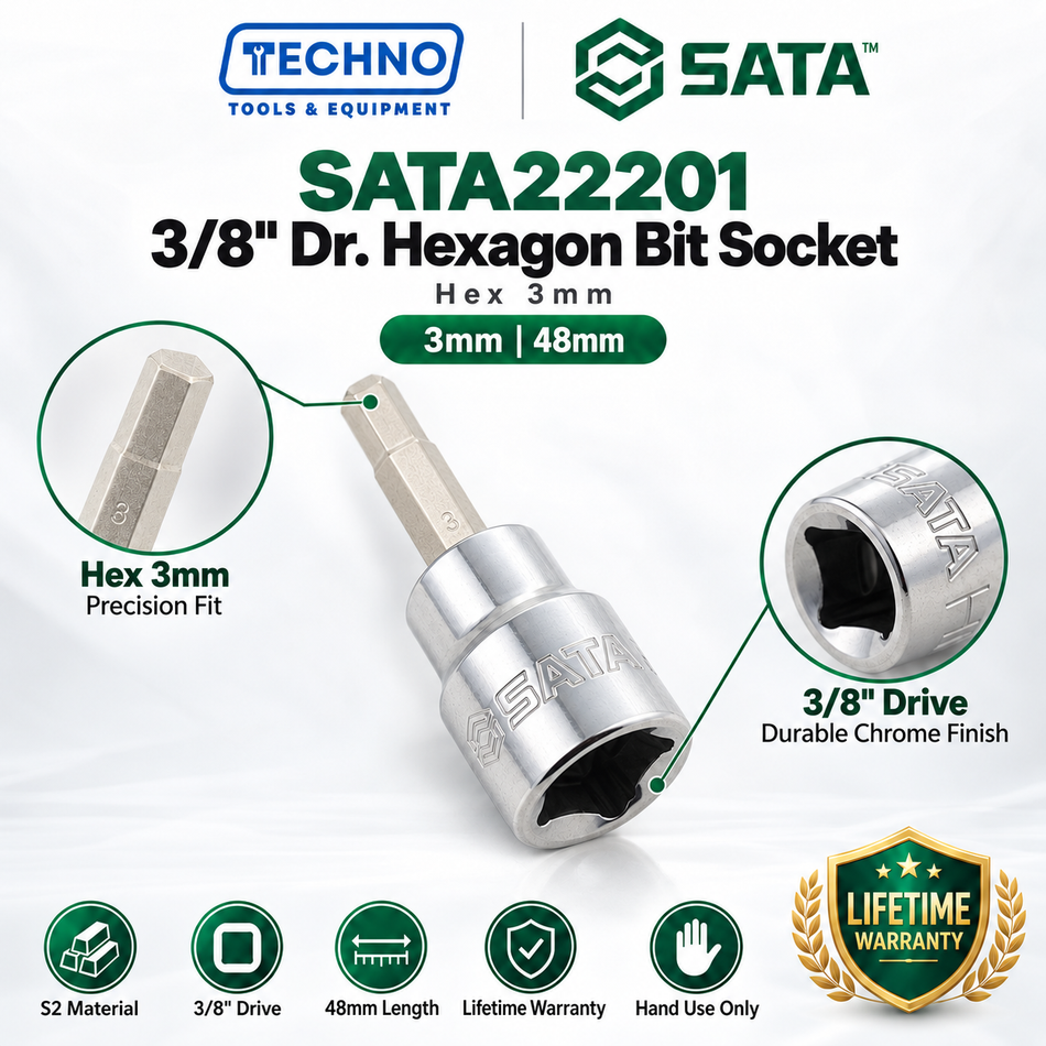 Shop SATA22201-SATA22207 3/8" Dr. hexagon bit sockets, 3mm to 10mm, 48mm. S2 bit, lifetime warranty. Hand use only.