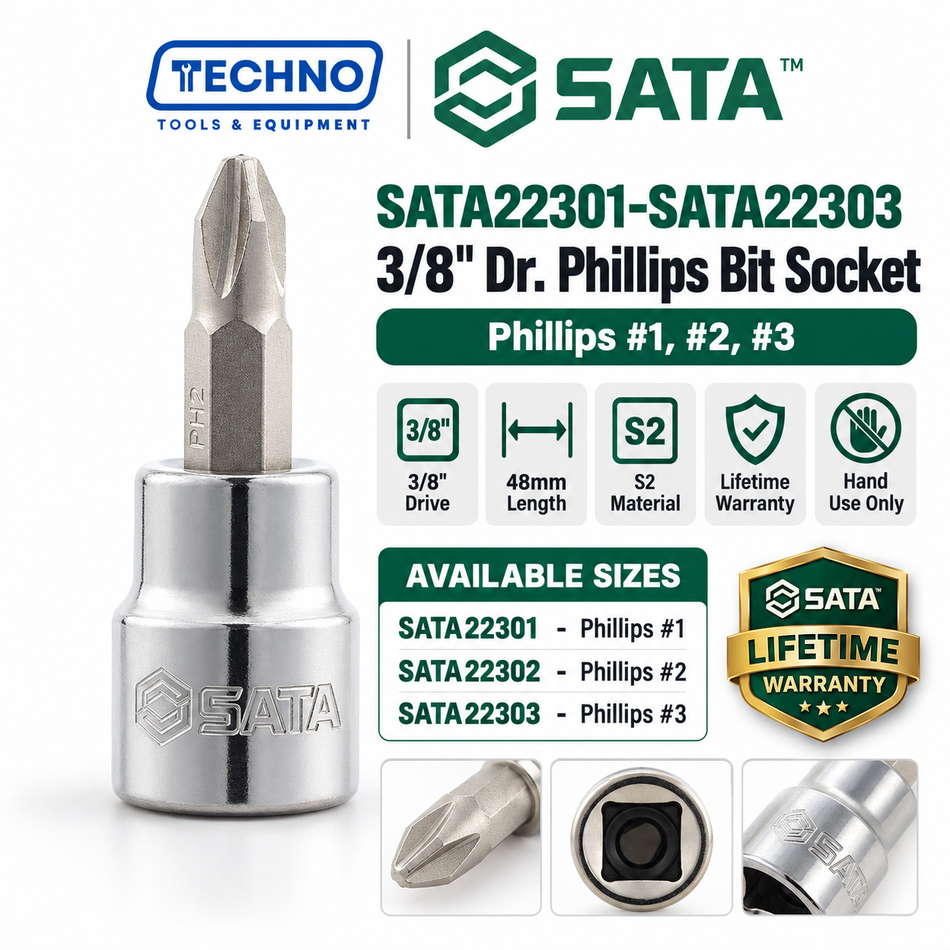 Shop SATA22301-SATA22303 3/8" Dr. Phillips bit sockets, #1, #2 and #3, 48mm. S2 bit, lifetime warranty. Hand use only.