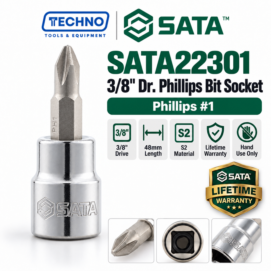 Shop SATA22301-SATA22303 3/8" Dr. Phillips bit sockets, #1, #2 and #3, 48mm. S2 bit, lifetime warranty. Hand use only.