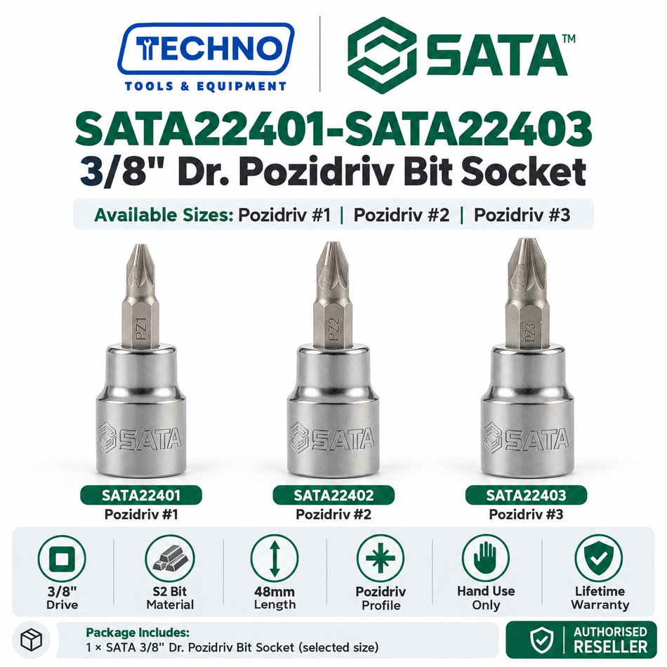 Shop SATA22401-SATA22403 3/8" Dr. Pozidriv bit sockets, #1, #2 and #3, 48mm. S2 bit, lifetime warranty. Hand use only.