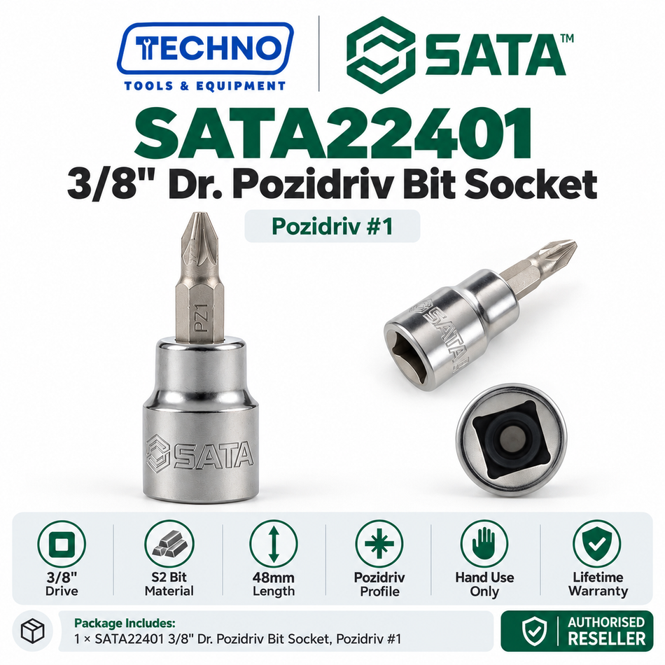 Shop SATA22401-SATA22403 3/8" Dr. Pozidriv bit sockets, #1, #2 and #3, 48mm. S2 bit, lifetime warranty. Hand use only.