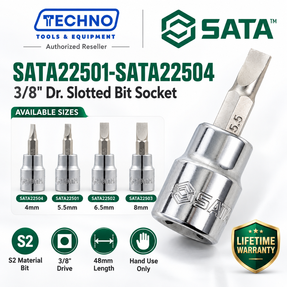 Shop SATA22501-SATA22504 3/8" Dr. slotted bit sockets, 4mm, 5.5mm, 6.5mm and 8mm, 48mm. S2 bit, lifetime warranty. Hand use only.