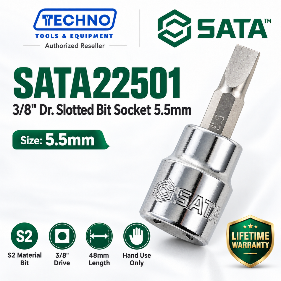 Shop SATA22501-SATA22504 3/8" Dr. slotted bit sockets, 4mm, 5.5mm, 6.5mm and 8mm, 48mm. S2 bit, lifetime warranty. Hand use only.