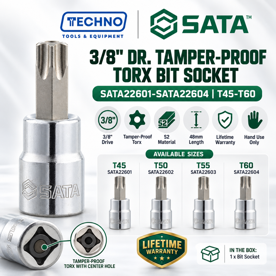 Shop SATA22601-SATA22604 3/8" Dr. tamper-proof Torx bit sockets, T45 to T60, 48mm. S2 bit, anti-slip, lifetime warranty. Hand use only.