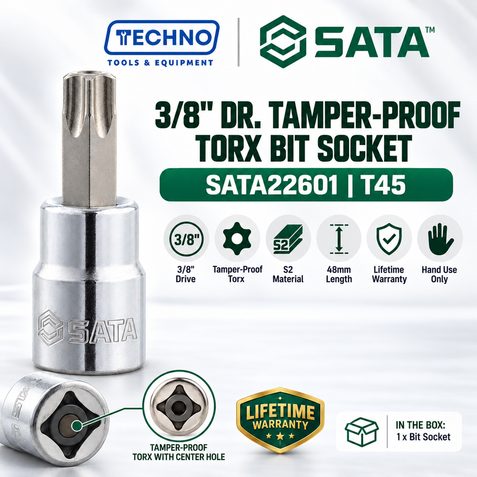Shop SATA22601-SATA22604 3/8" Dr. tamper-proof Torx bit sockets, T45 to T60, 48mm. S2 bit, anti-slip, lifetime warranty. Hand use only.