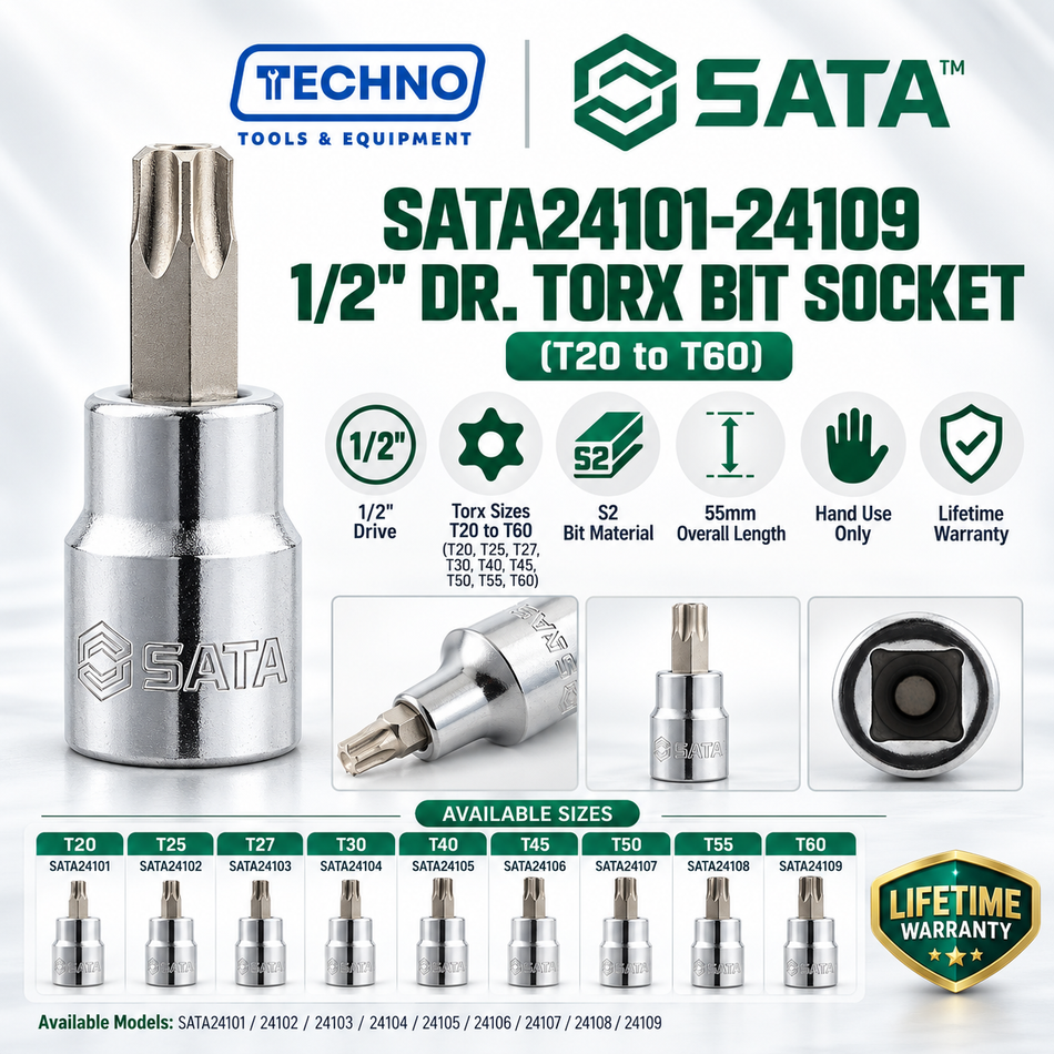 Shop SATA24101-SATA24109 1/2" Dr. Torx bit sockets, T20 to T60, 50mm length. S2 bit, anti-slip, lifetime warranty. Hand use only.