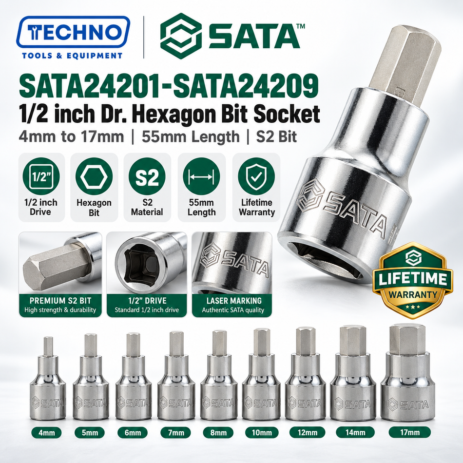 Shop SATA24201-SATA24209 1/2" Dr. hexagon bit sockets, 4mm to 17mm, 50mm length. S2 bit, lifetime warranty. Hand use only.