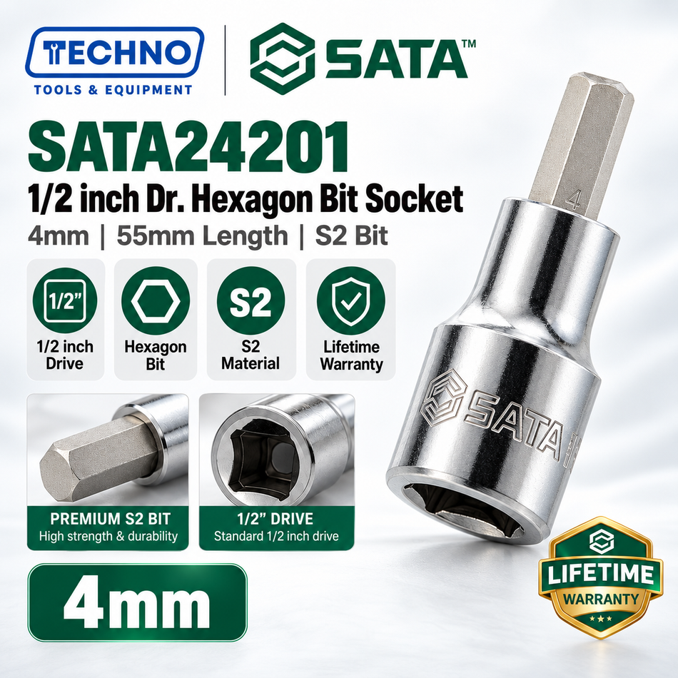 Shop SATA24201-SATA24209 1/2" Dr. hexagon bit sockets, 4mm to 17mm, 50mm length. S2 bit, lifetime warranty. Hand use only.