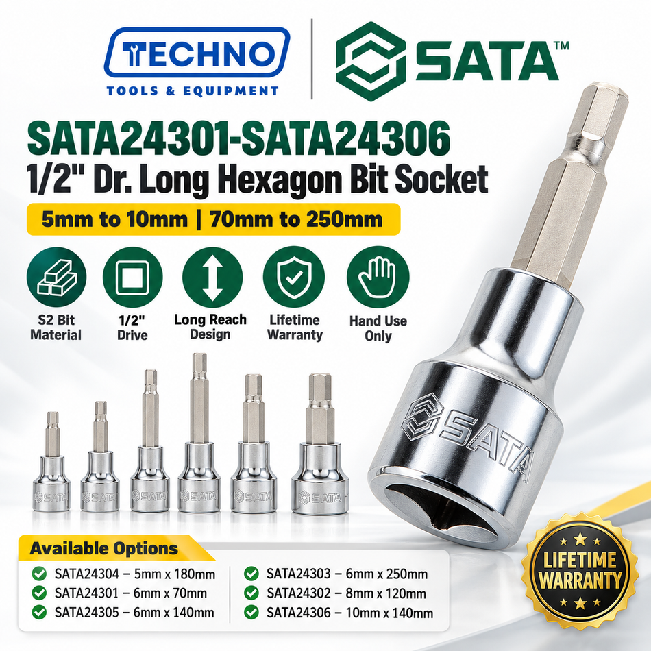 Shop SATA24301-SATA24306 1/2" Dr. long hexagon bit sockets, 5-10mm, 70-250mm. For auto repair. S2 bit, lifetime warranty. Hand use only.
