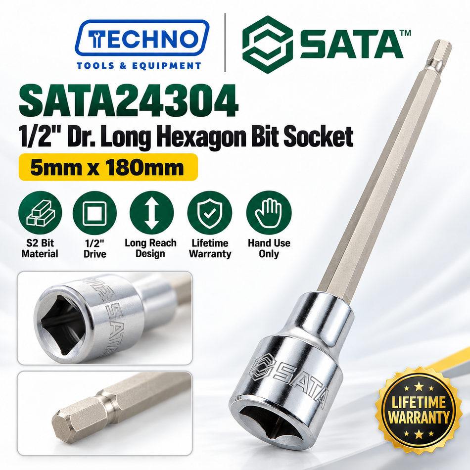 Shop SATA24301-SATA24306 1/2" Dr. long hexagon bit sockets, 5-10mm, 70-250mm. For auto repair. S2 bit, lifetime warranty. Hand use only.