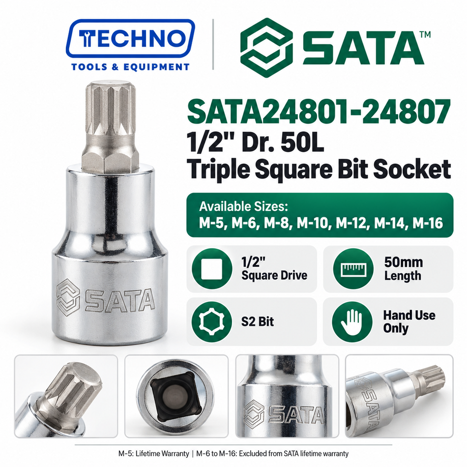 Shop SATA24801-SATA24807 1/2" Dr. 50L Triple Square bit sockets, M-5 to M-16. S2 bit for an anti-slip grip. Hand use only, not for impact tools.