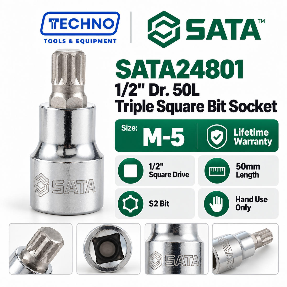 Shop SATA24801-SATA24807 1/2" Dr. 50L Triple Square bit sockets, M-5 to M-16. S2 bit for an anti-slip grip. Hand use only, not for impact tools.