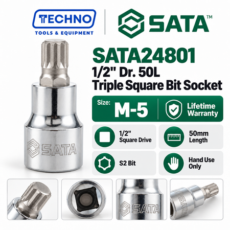 Shop SATA24801-SATA24807 1/2" Dr. 50L Triple Square bit sockets, M-5 to M-16. S2 bit for an anti-slip grip. Hand use only, not for impact tools.