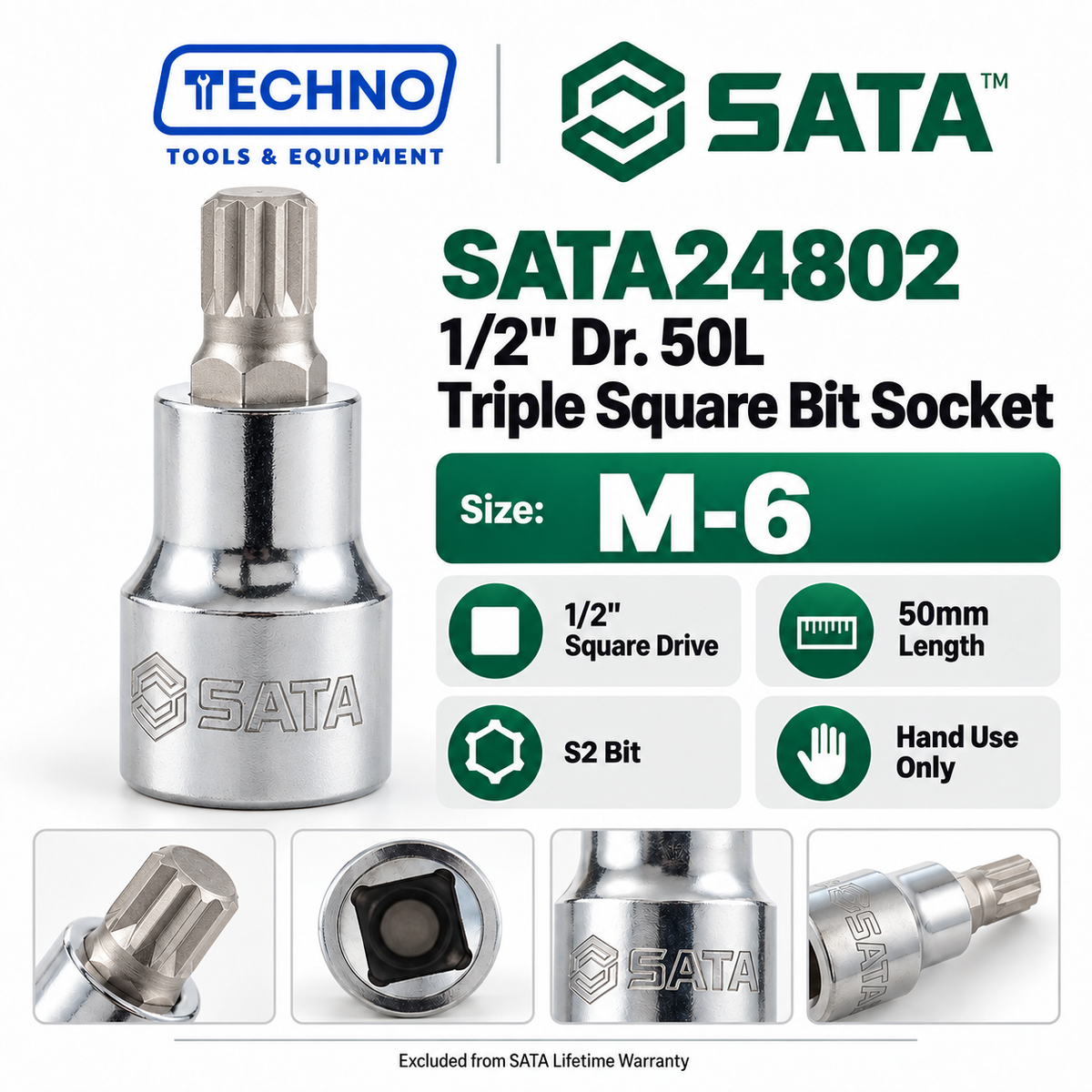 Shop SATA24801-SATA24807 1/2" Dr. 50L Triple Square bit sockets, M-5 to M-16. S2 bit for an anti-slip grip. Hand use only, not for impact tools.