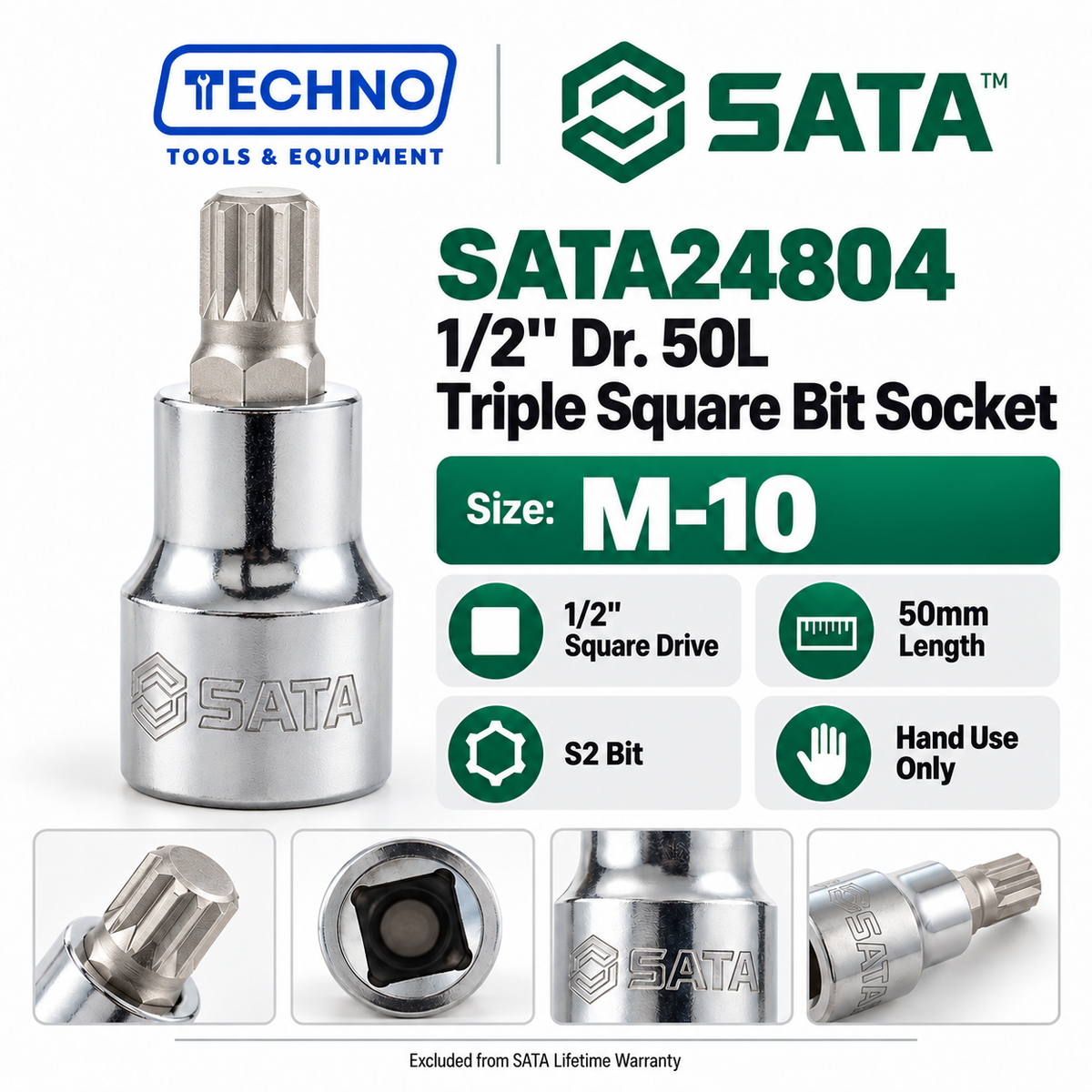 Shop SATA24801-SATA24807 1/2" Dr. 50L Triple Square bit sockets, M-5 to M-16. S2 bit for an anti-slip grip. Hand use only, not for impact tools.
