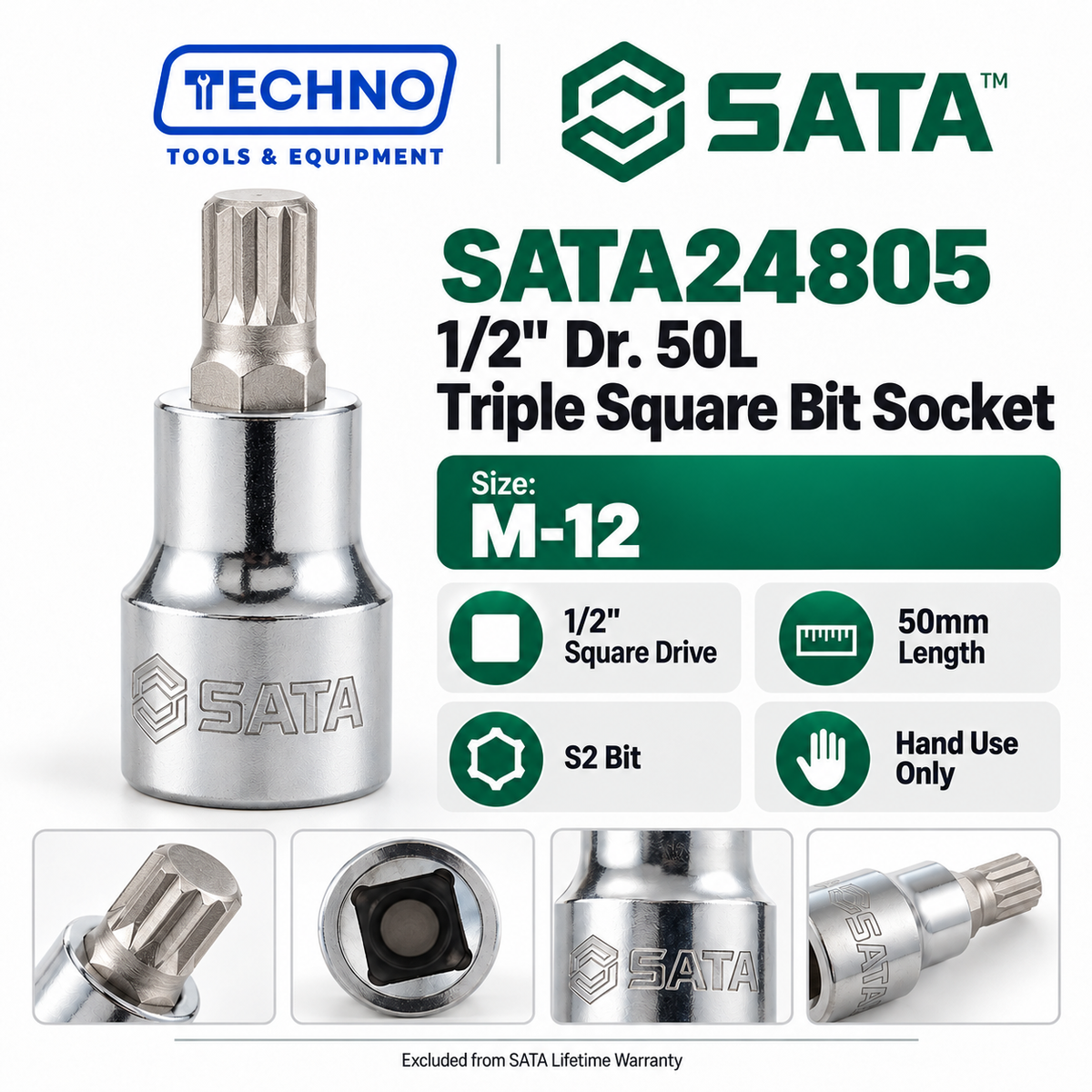 Shop SATA24801-SATA24807 1/2" Dr. 50L Triple Square bit sockets, M-5 to M-16. S2 bit for an anti-slip grip. Hand use only, not for impact tools.