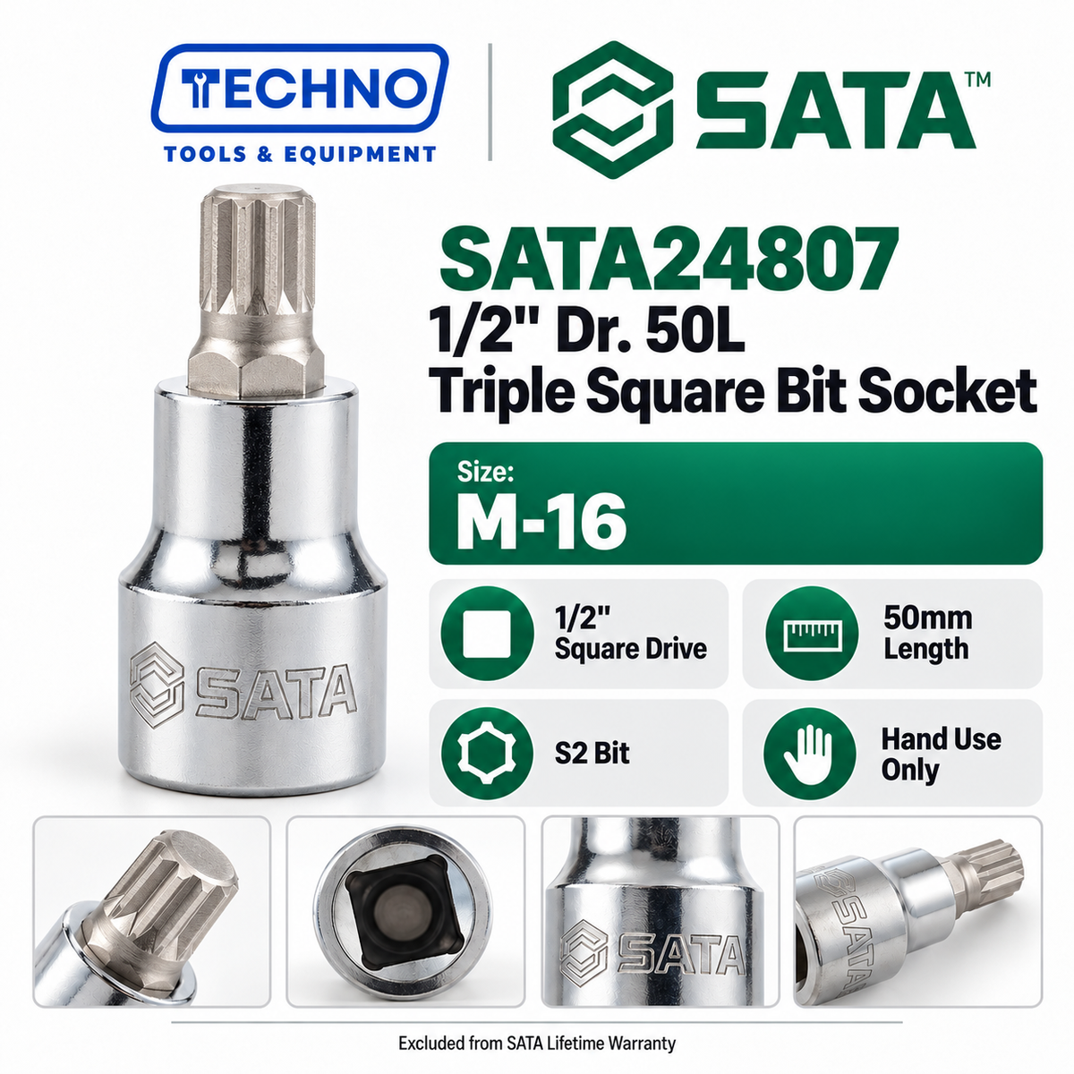 Shop SATA24801-SATA24807 1/2" Dr. 50L Triple Square bit sockets, M-5 to M-16. S2 bit for an anti-slip grip. Hand use only, not for impact tools.