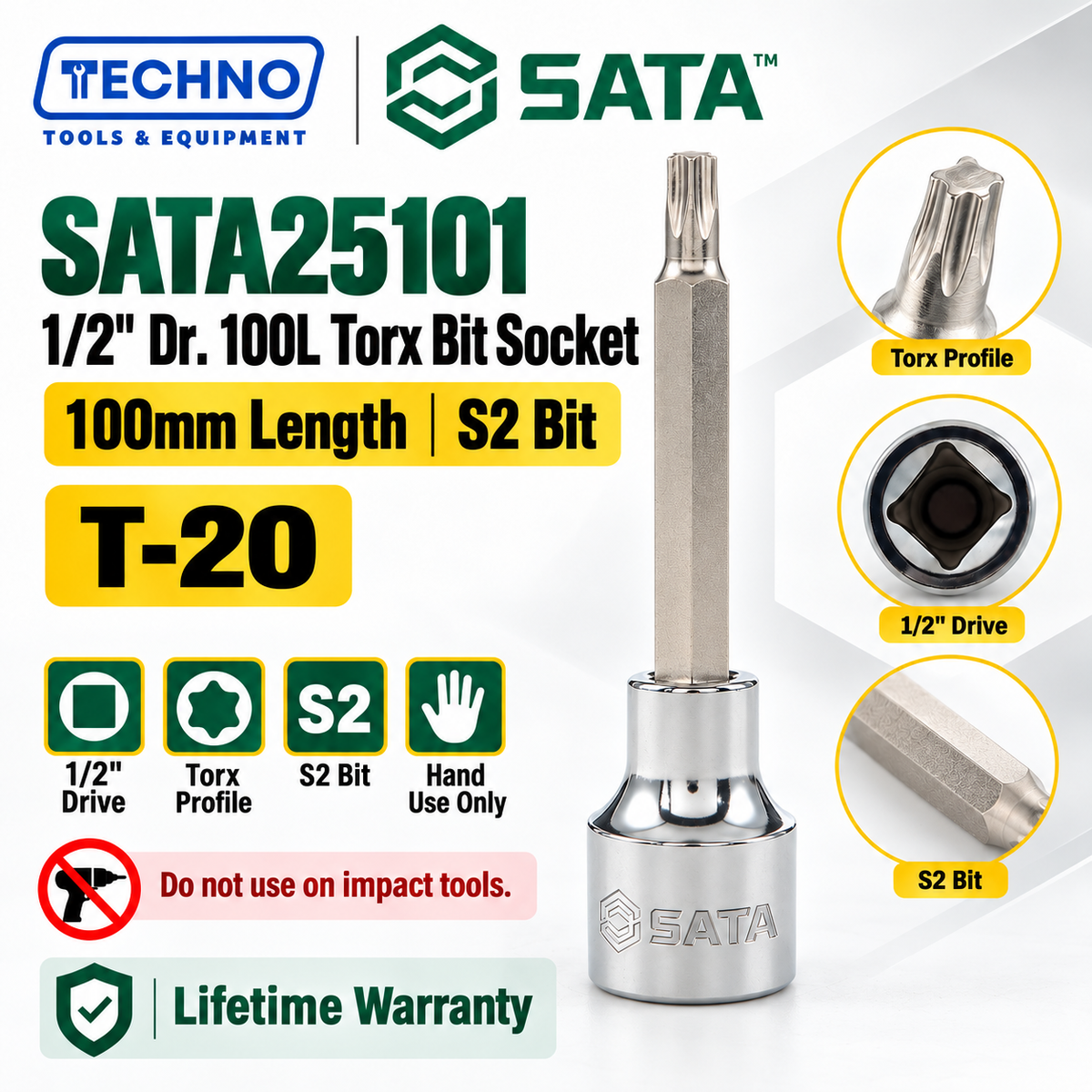 Shop SATA25101-SATA25109 1/2" Dr. 100L Torx® bit sockets, T-20 to T-60. S2 bit for an anti-slip grip. Hand use only, not for impact tools.