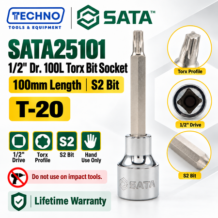Shop SATA25101-SATA25109 1/2" Dr. 100L Torx® bit sockets, T-20 to T-60. S2 bit for an anti-slip grip. Hand use only, not for impact tools.