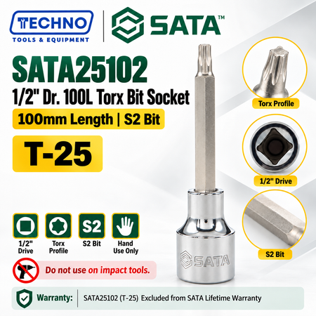 Shop SATA25101-SATA25109 1/2" Dr. 100L Torx® bit sockets, T-20 to T-60. S2 bit for an anti-slip grip. Hand use only, not for impact tools.