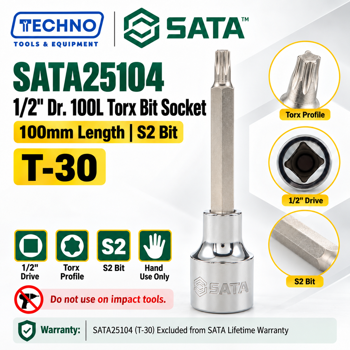 Shop SATA25101-SATA25109 1/2" Dr. 100L Torx® bit sockets, T-20 to T-60. S2 bit for an anti-slip grip. Hand use only, not for impact tools.