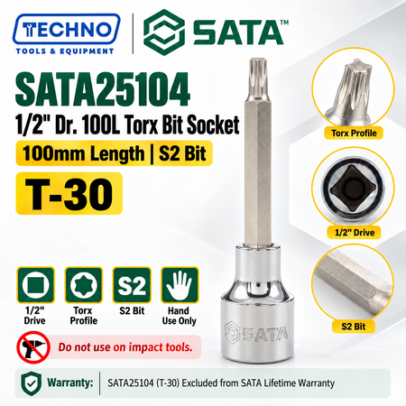 Shop SATA25101-SATA25109 1/2" Dr. 100L Torx® bit sockets, T-20 to T-60. S2 bit for an anti-slip grip. Hand use only, not for impact tools.