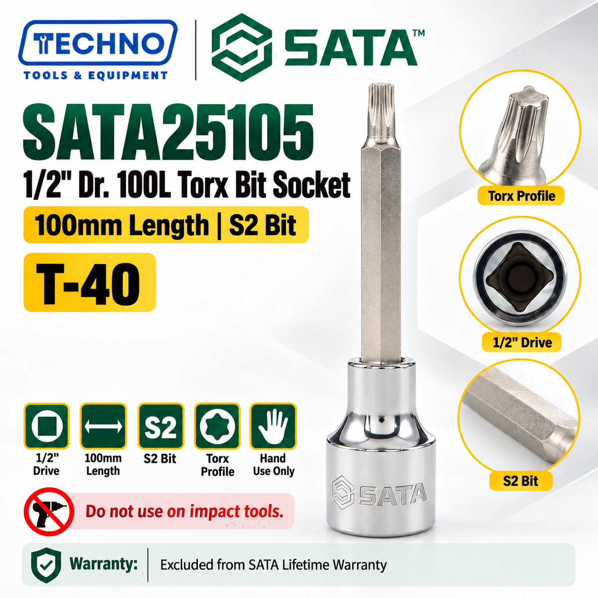 Shop SATA25101-SATA25109 1/2" Dr. 100L Torx® bit sockets, T-20 to T-60. S2 bit for an anti-slip grip. Hand use only, not for impact tools.