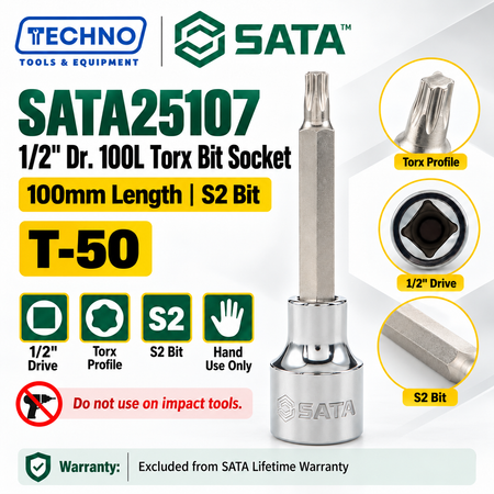 Shop SATA25101-SATA25109 1/2" Dr. 100L Torx® bit sockets, T-20 to T-60. S2 bit for an anti-slip grip. Hand use only, not for impact tools.