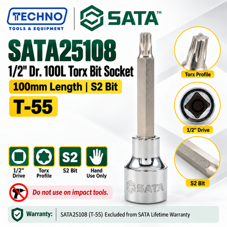 Shop SATA25101-SATA25109 1/2" Dr. 100L Torx® bit sockets, T-20 to T-60. S2 bit for an anti-slip grip. Hand use only, not for impact tools.