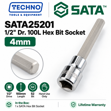 Shop SATA25201-SATA25209 1/2" Dr. 100L hex bit sockets, 4mm to 17mm. S2 bit for an anti-slip grip. Hand use only, not for impact tools.