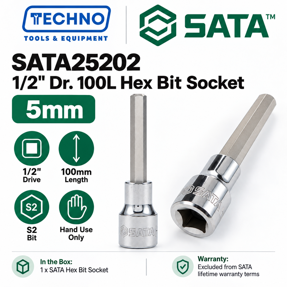 Shop SATA25201-SATA25209 1/2" Dr. 100L hex bit sockets, 4mm to 17mm. S2 bit for an anti-slip grip. Hand use only, not for impact tools.