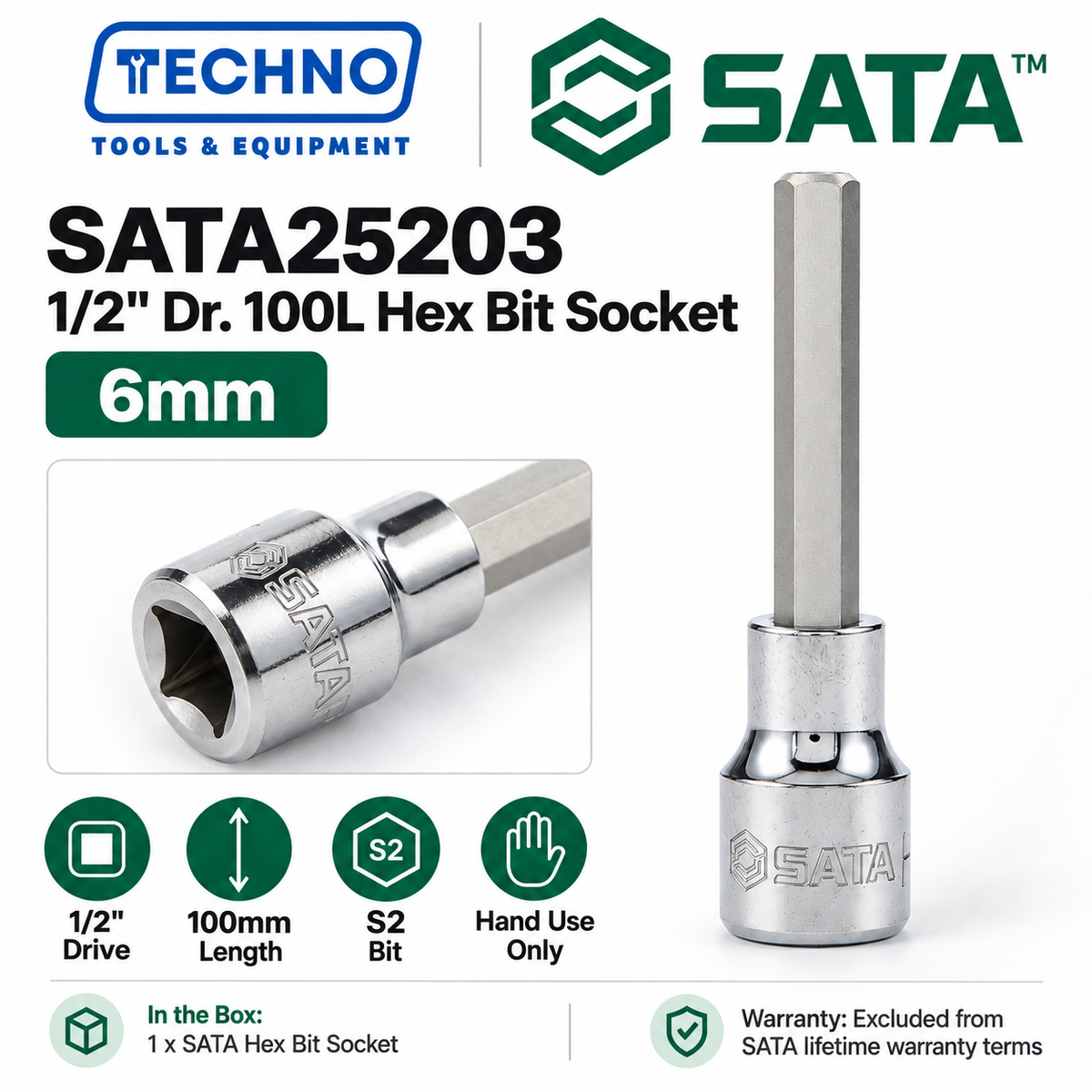 Shop SATA25201-SATA25209 1/2" Dr. 100L hex bit sockets, 4mm to 17mm. S2 bit for an anti-slip grip. Hand use only, not for impact tools.