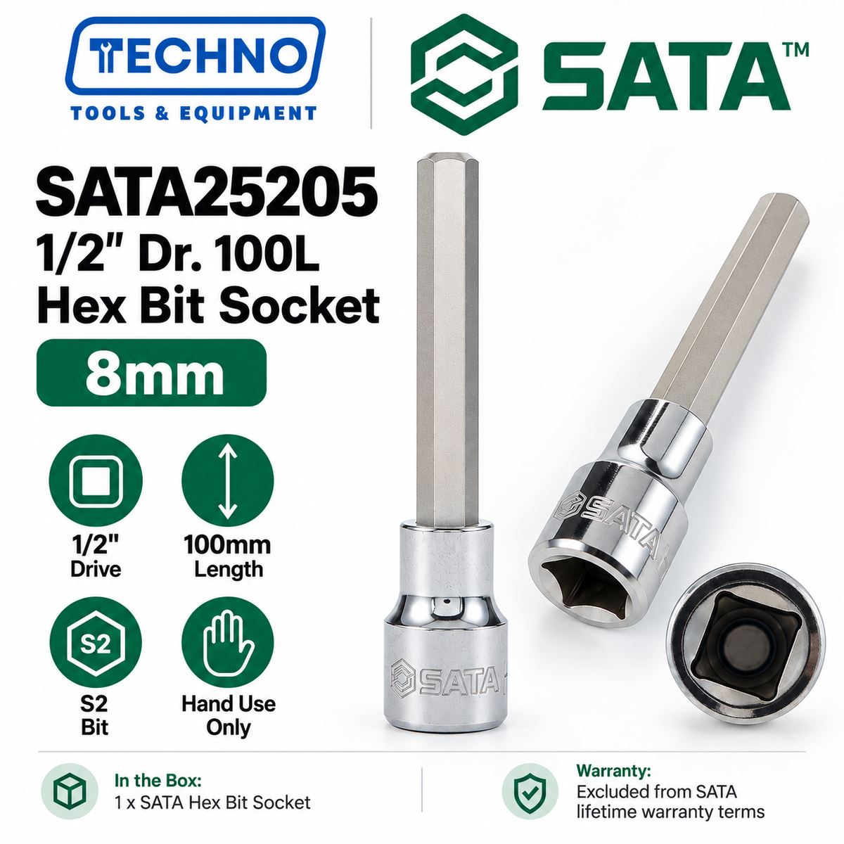 Shop SATA25201-SATA25209 1/2" Dr. 100L hex bit sockets, 4mm to 17mm. S2 bit for an anti-slip grip. Hand use only, not for impact tools.
