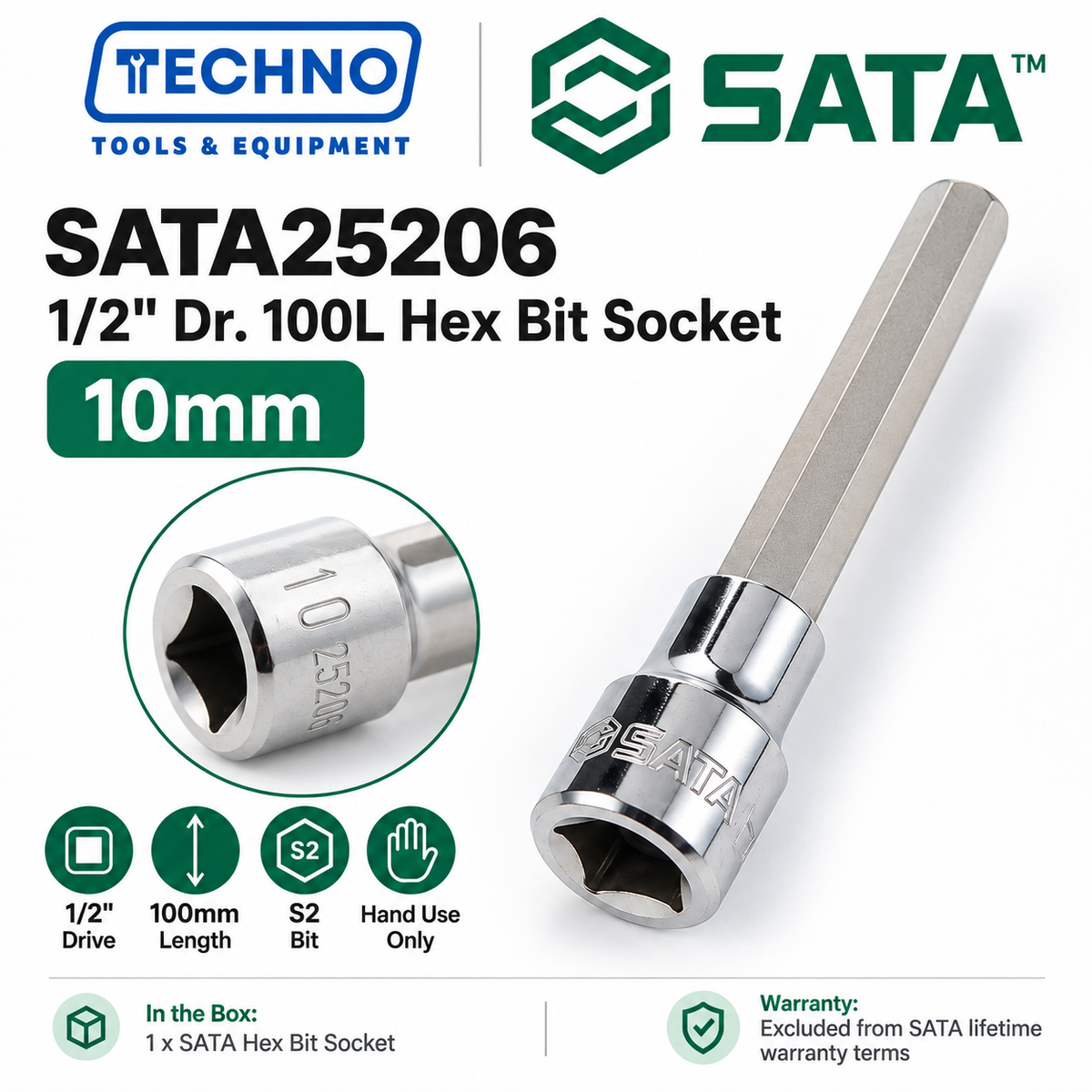 Shop SATA25201-SATA25209 1/2" Dr. 100L hex bit sockets, 4mm to 17mm. S2 bit for an anti-slip grip. Hand use only, not for impact tools.
