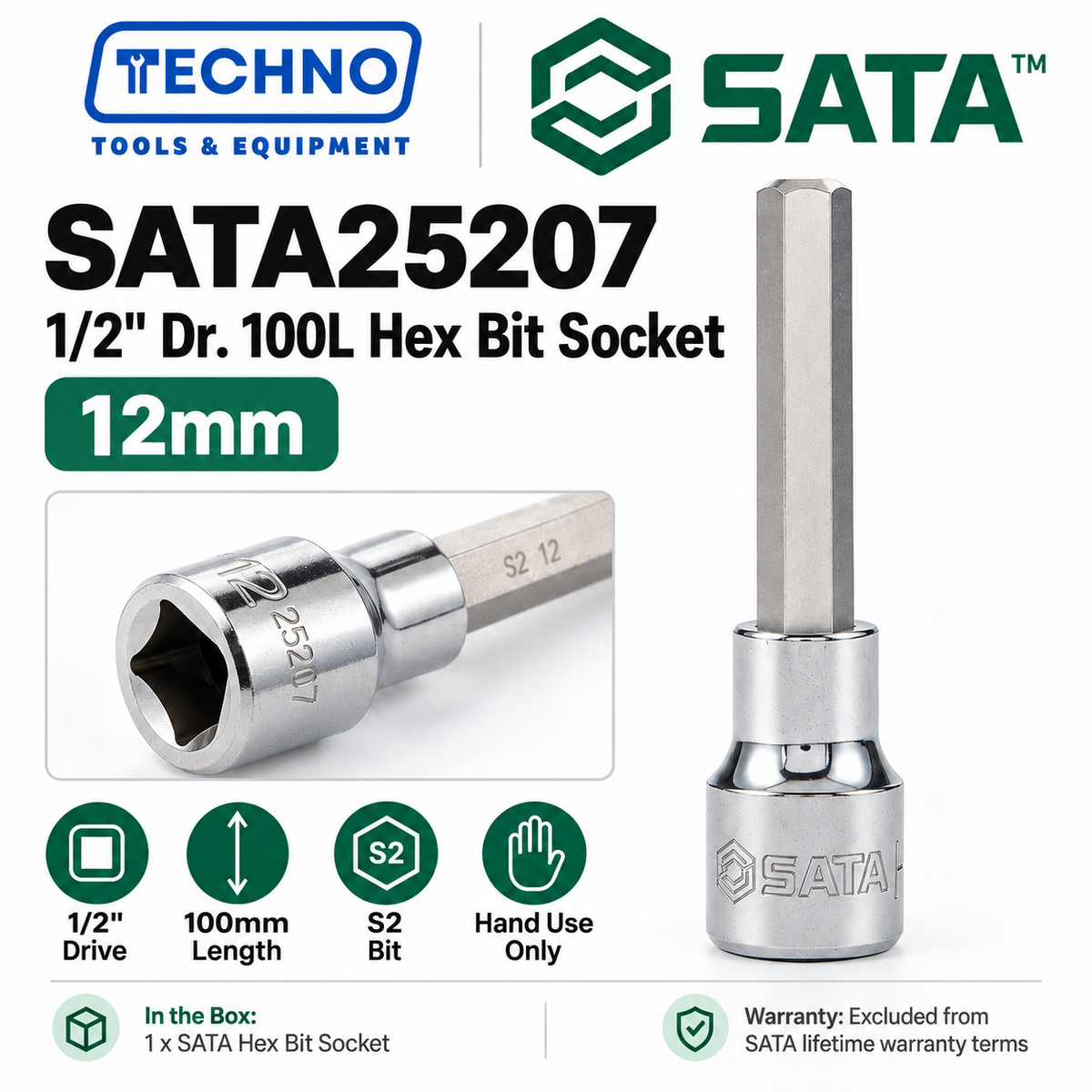 Shop SATA25201-SATA25209 1/2" Dr. 100L hex bit sockets, 4mm to 17mm. S2 bit for an anti-slip grip. Hand use only, not for impact tools.