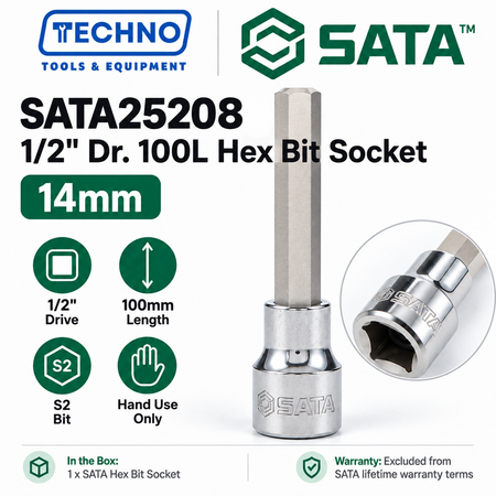 Shop SATA25201-SATA25209 1/2" Dr. 100L hex bit sockets, 4mm to 17mm. S2 bit for an anti-slip grip. Hand use only, not for impact tools.