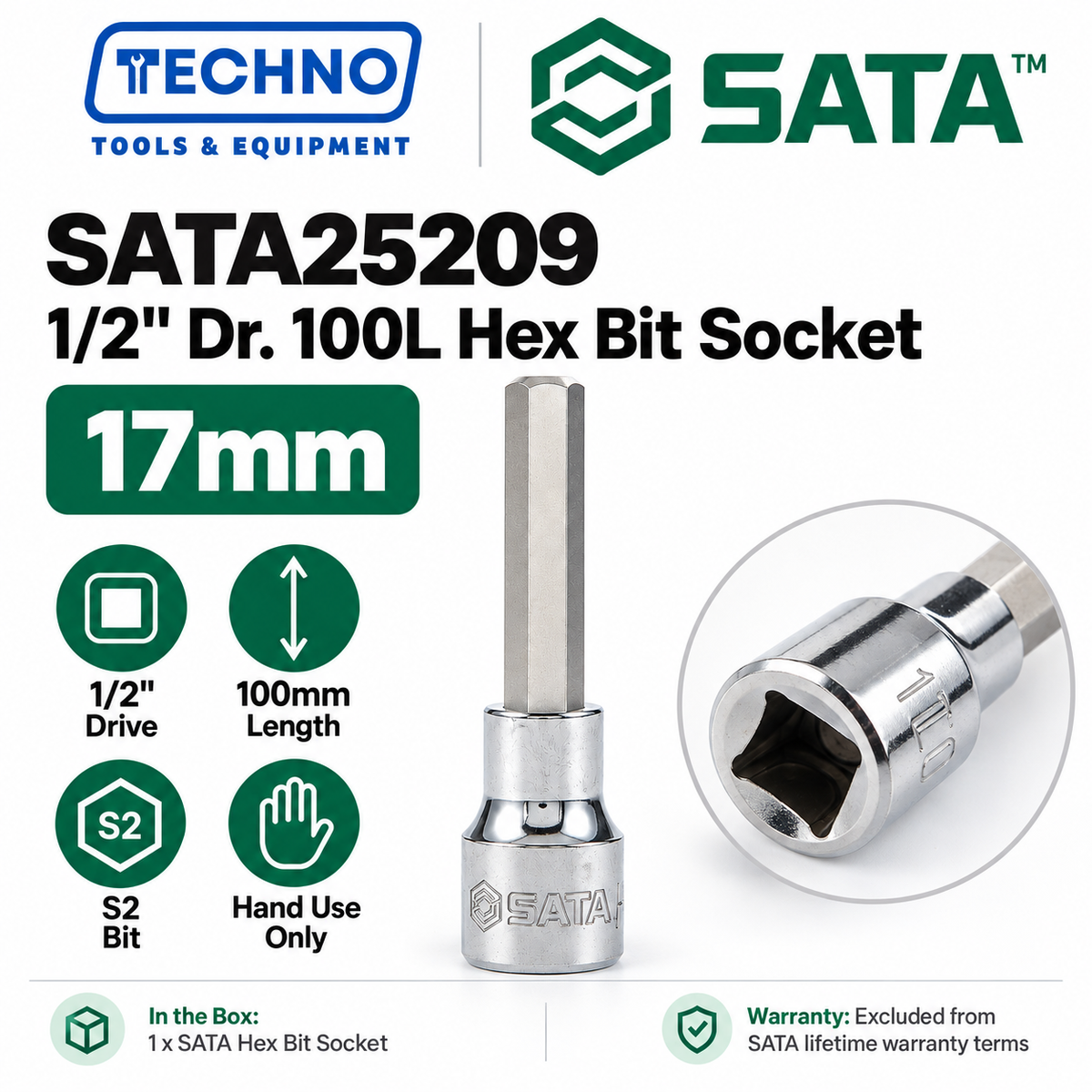 Shop SATA25201-SATA25209 1/2" Dr. 100L hex bit sockets, 4mm to 17mm. S2 bit for an anti-slip grip. Hand use only, not for impact tools.