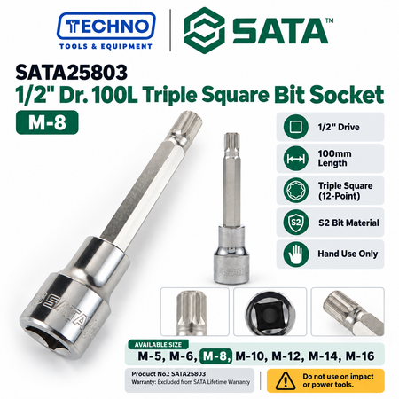 Shop SATA25801-SATA25807 1/2" Dr. 100L Triple Square bit sockets, M-5 to M-16. S2 bit for an anti-slip grip. Hand use only, not for impact tools.