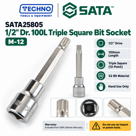 Shop SATA25801-SATA25807 1/2" Dr. 100L Triple Square bit sockets, M-5 to M-16. S2 bit for an anti-slip grip. Hand use only, not for impact tools.