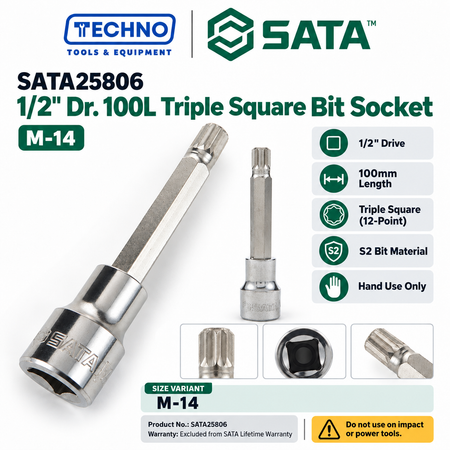 Shop SATA25801-SATA25807 1/2" Dr. 100L Triple Square bit sockets, M-5 to M-16. S2 bit for an anti-slip grip. Hand use only, not for impact tools.