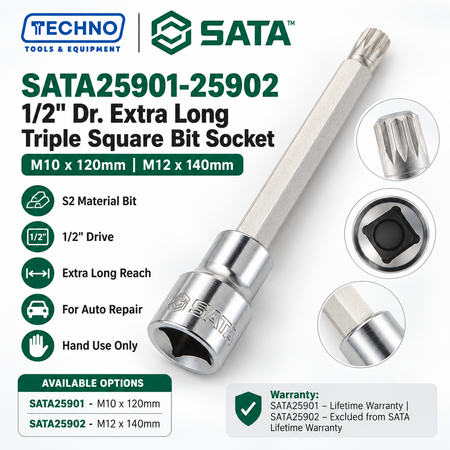 Shop SATA25901-SATA25902 1/2" Dr. extra long triple square bit sockets, M10x120mm and M12x140mm. S2 bit, for auto repair. Hand use only.