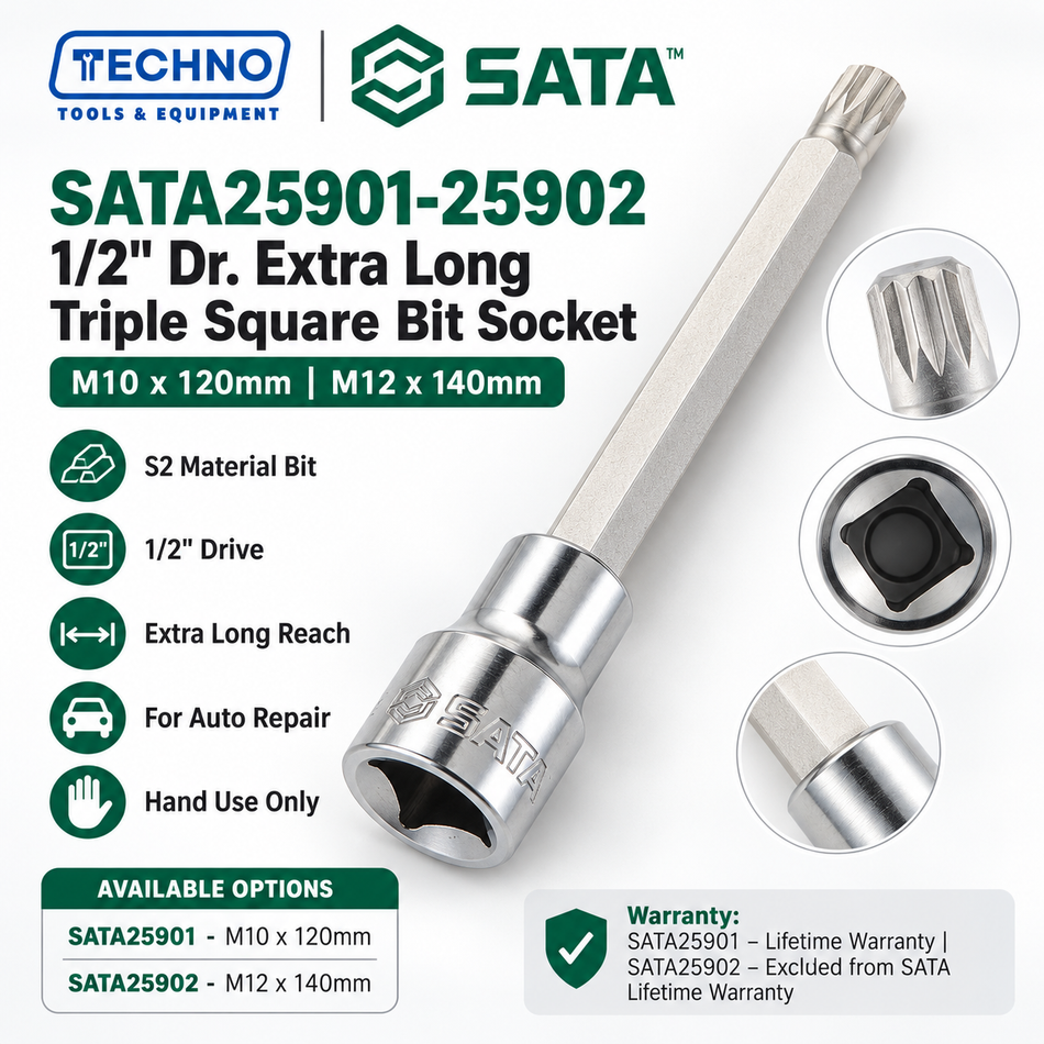 Shop SATA25901-SATA25902 1/2" Dr. extra long triple square bit sockets, M10x120mm and M12x140mm. S2 bit, for auto repair. Hand use only.