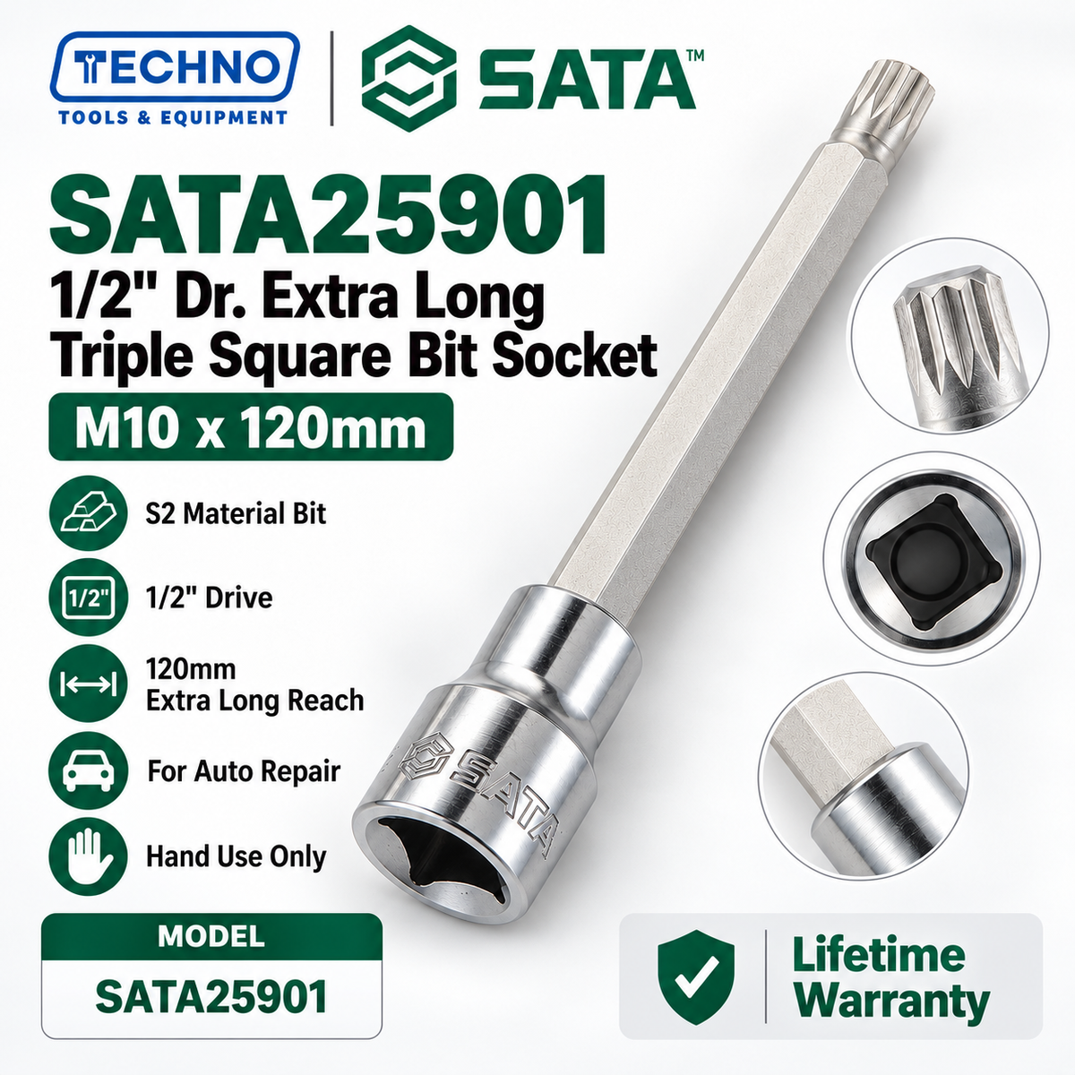Shop SATA25901-SATA25902 1/2" Dr. extra long triple square bit sockets, M10x120mm and M12x140mm. S2 bit, for auto repair. Hand use only.