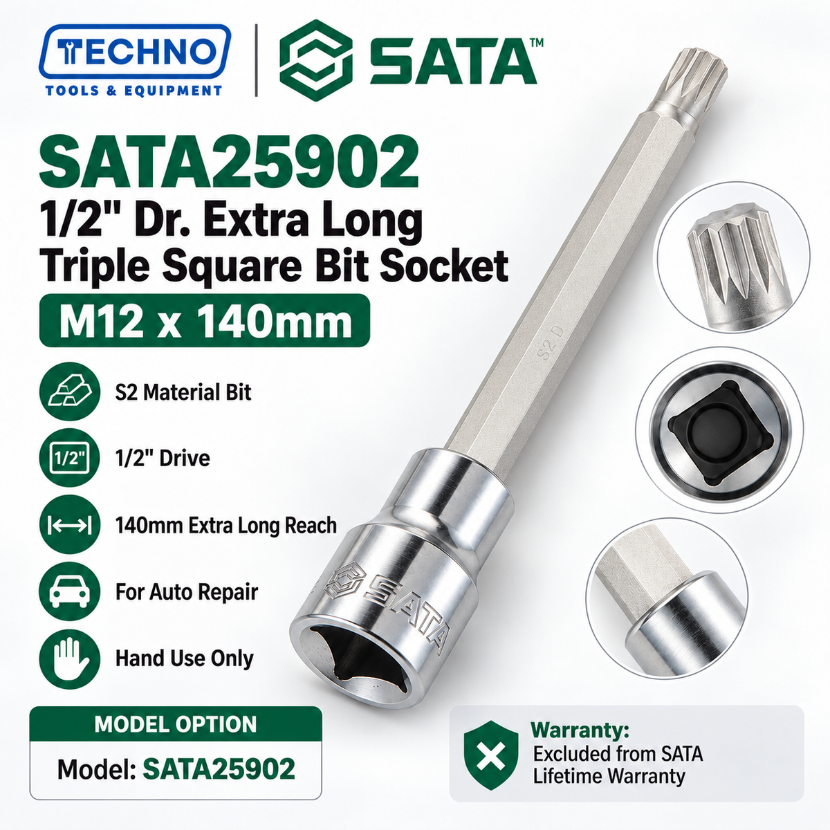 Shop SATA25901-SATA25902 1/2" Dr. extra long triple square bit sockets, M10x120mm and M12x140mm. S2 bit, for auto repair. Hand use only.