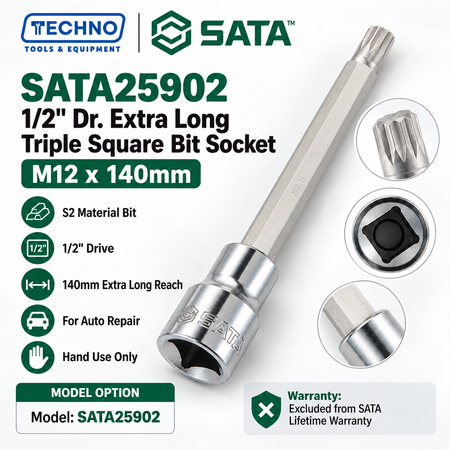 Shop SATA25901-SATA25902 1/2" Dr. extra long triple square bit sockets, M10x120mm and M12x140mm. S2 bit, for auto repair. Hand use only.