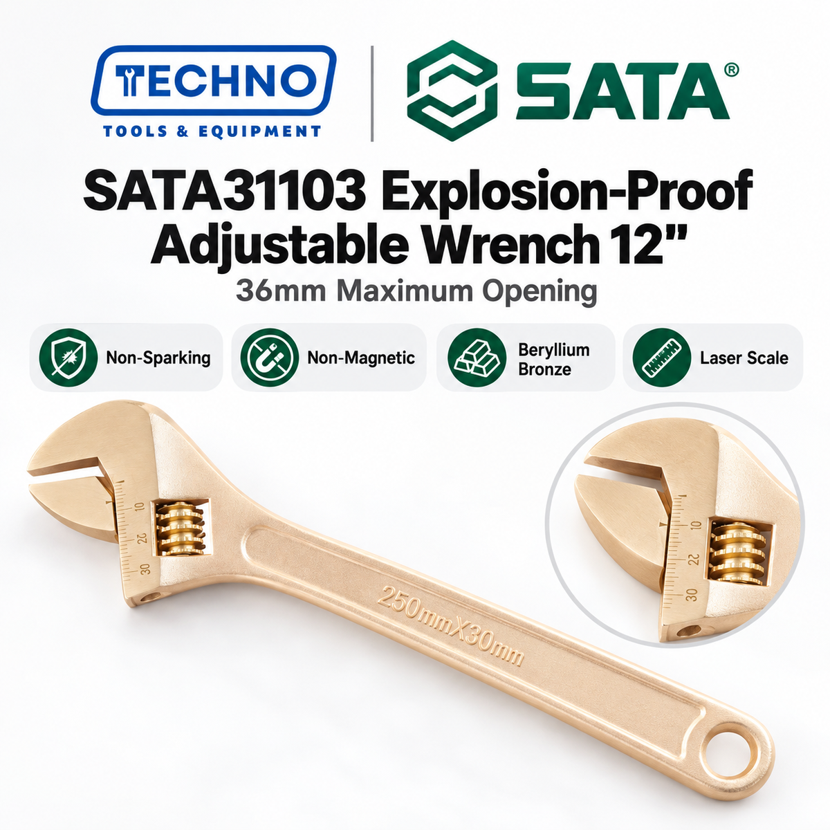 Shop SATA31103 12" explosion-proof adjustable wrench in non-sparking, non-magnetic beryllium bronze. 36mm max opening with laser scale.